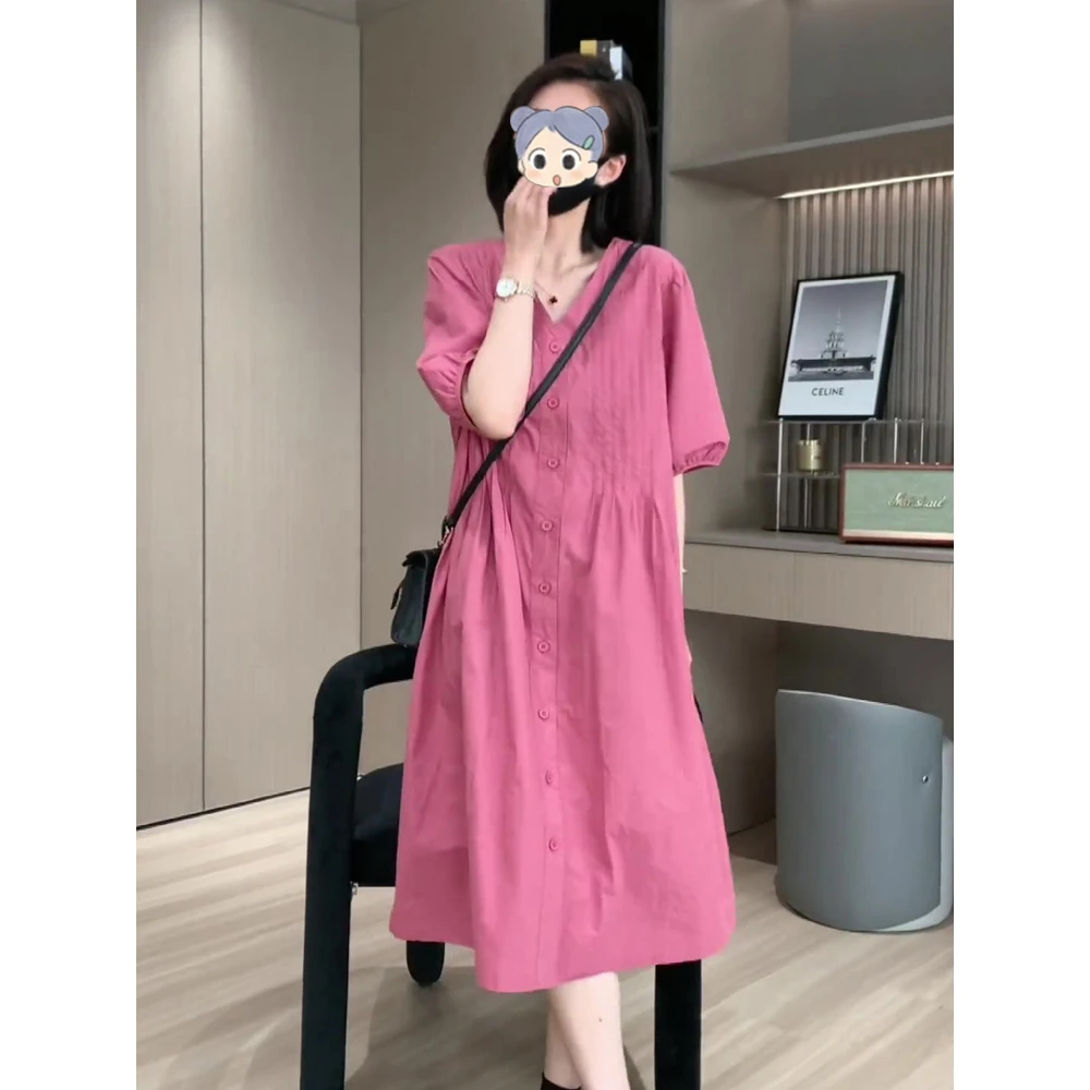 韩系温柔风粉色连衣裙女夏季新款大码微胖mm减龄气质宽松V领长裙