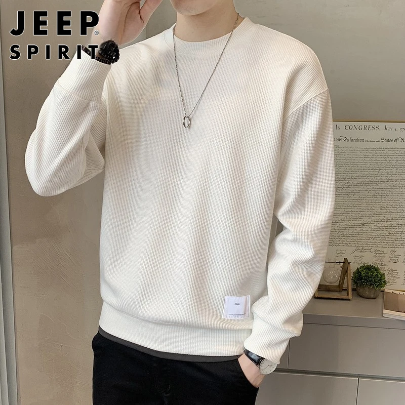 JEEPSPIRIT华夫格卫衣男士春季休闲白色打底衫宽松圆领长袖t恤男