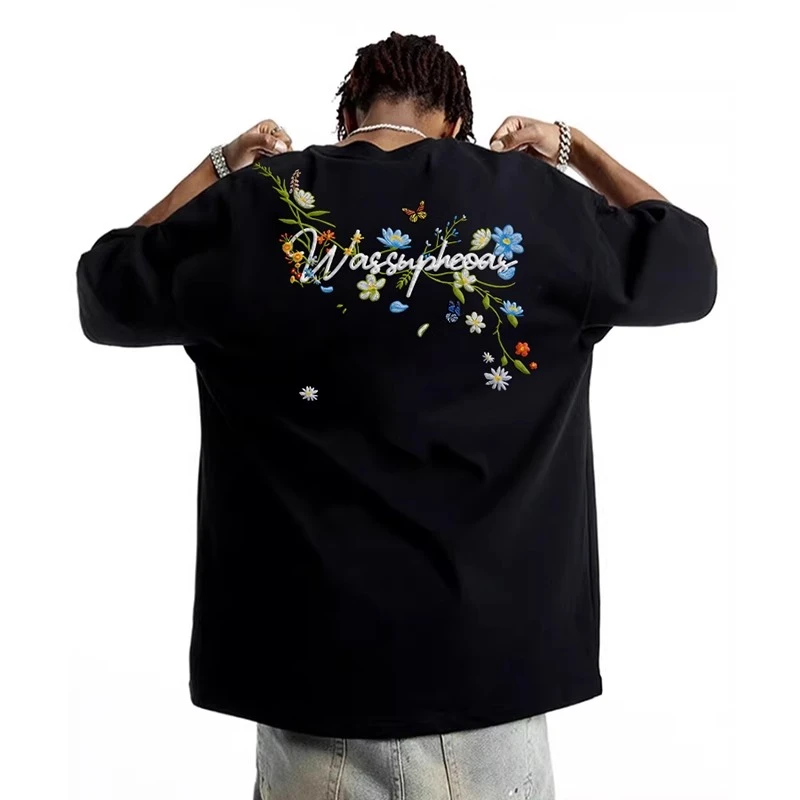 WASSUP花朵刺绣短袖男t恤痞帅夏季重磅纯棉高街情侣圆领半袖上衣