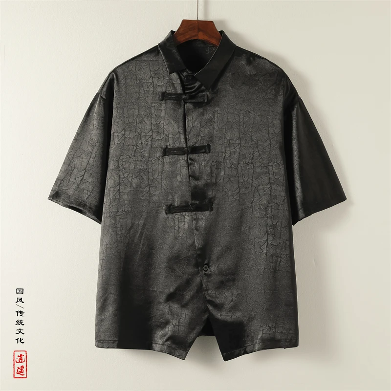 中国风斜襟汉服男士冰丝短袖衬衫夏季薄款小众设计感不规则衬衣潮