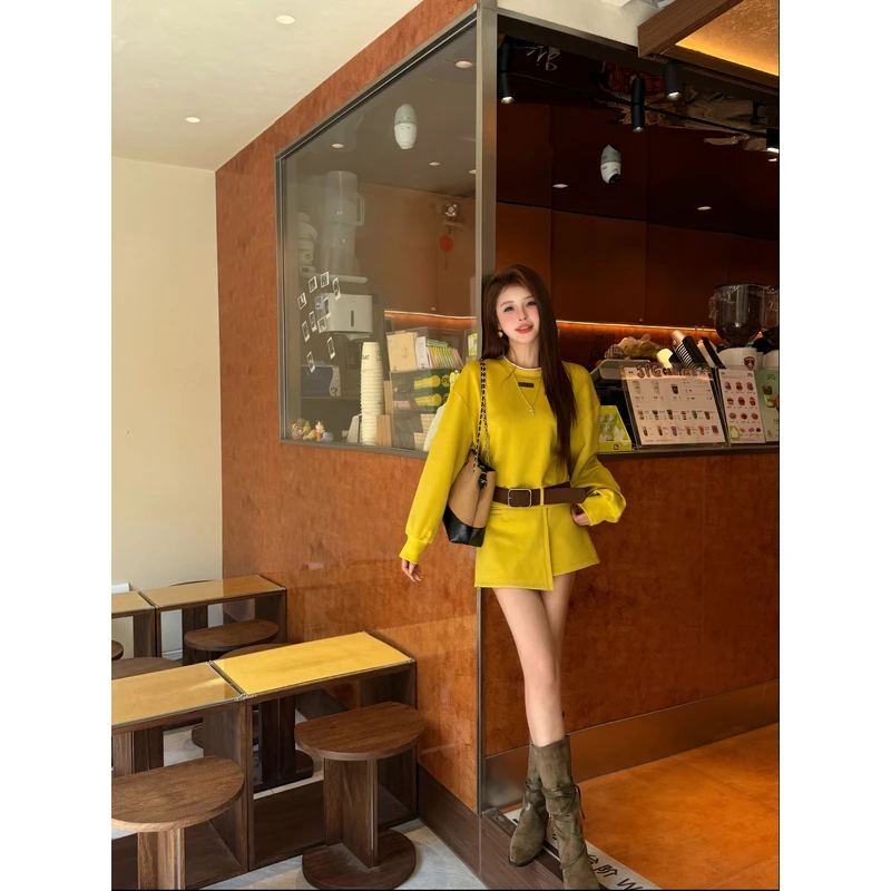 【十一家】原创【秋意难平】气质圆领长袖上衣女腰带半裙套装LJD92201