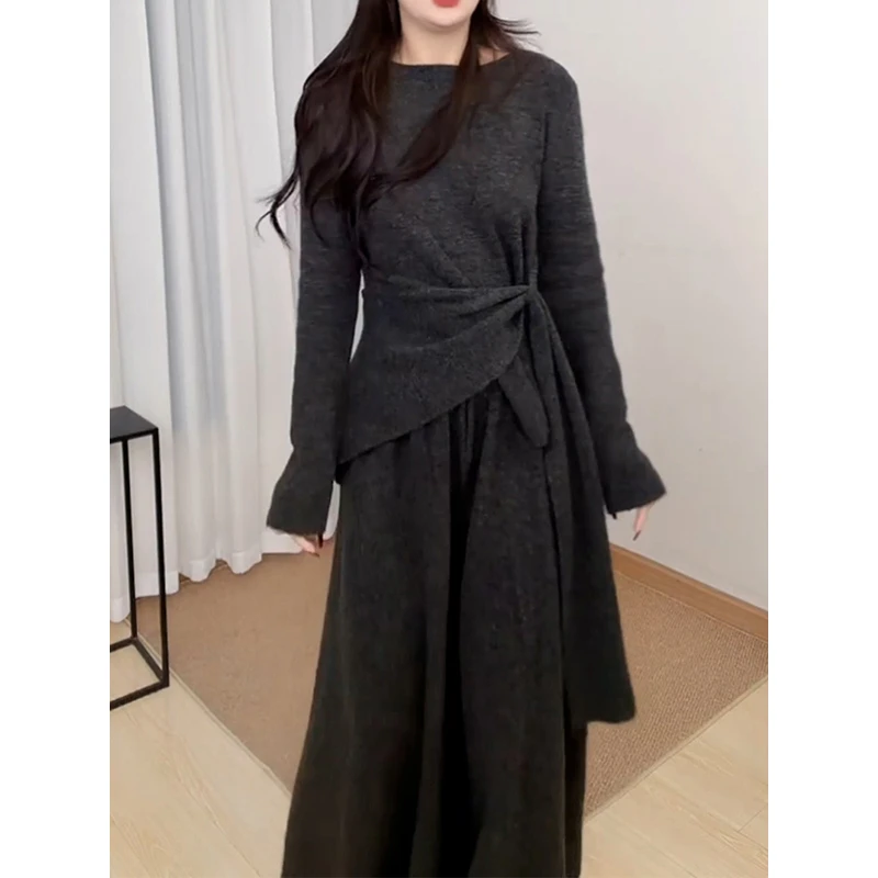 慵懒风洋气纯色针织裤套装2026春新高端收腰绑带上衣阔腿裤两件套