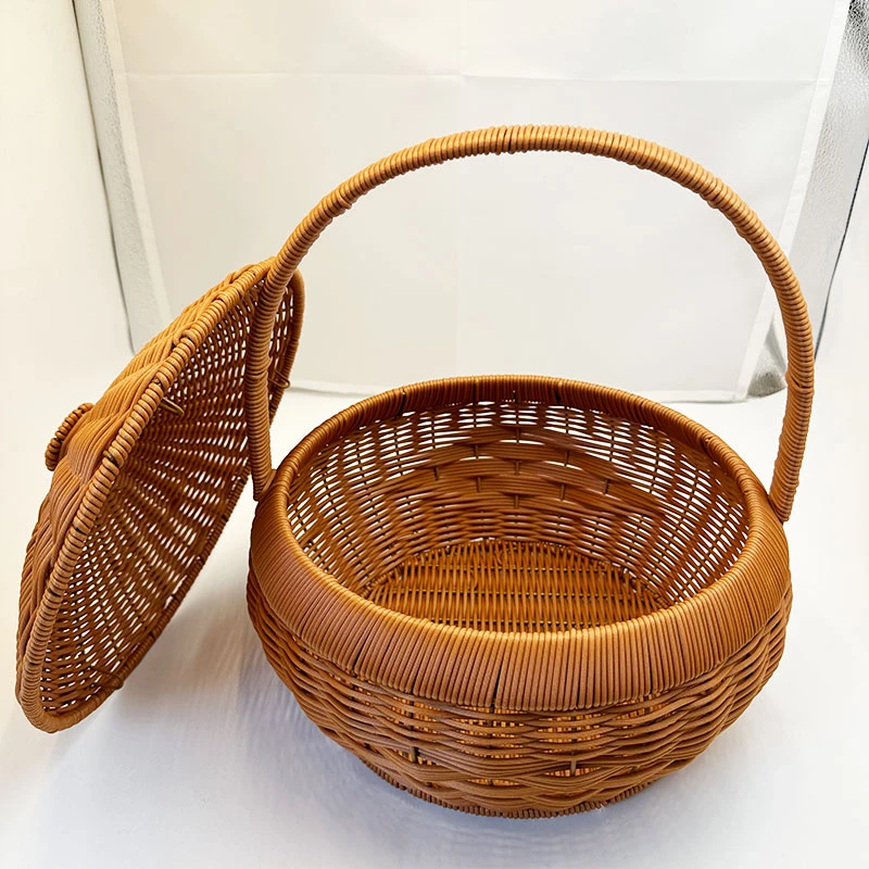 L6棕色圆形单提手带盖野餐篮创意复古郊游篮纯手工编织30*20