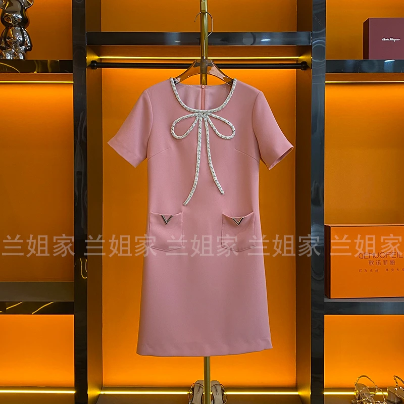 【百利甜茶】设计师2025年夏季新款小香风订珠真口袋短袖连衣裙