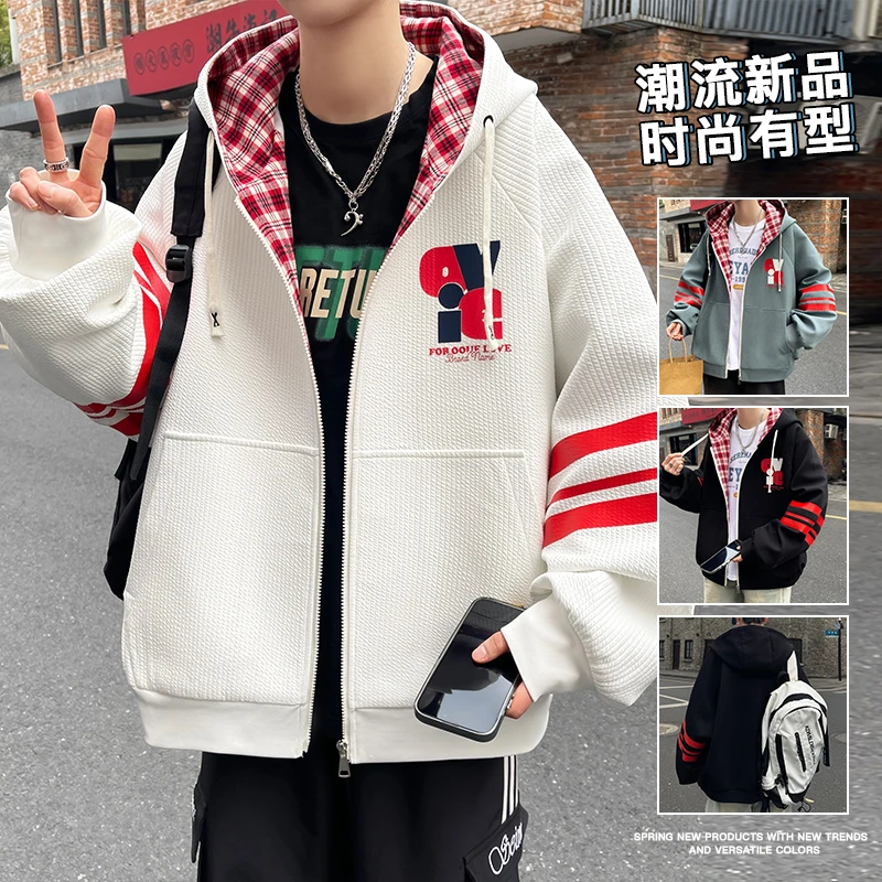 春季新款拉链连帽常规外套青少年港风帅气百搭男生上衣夹克外套