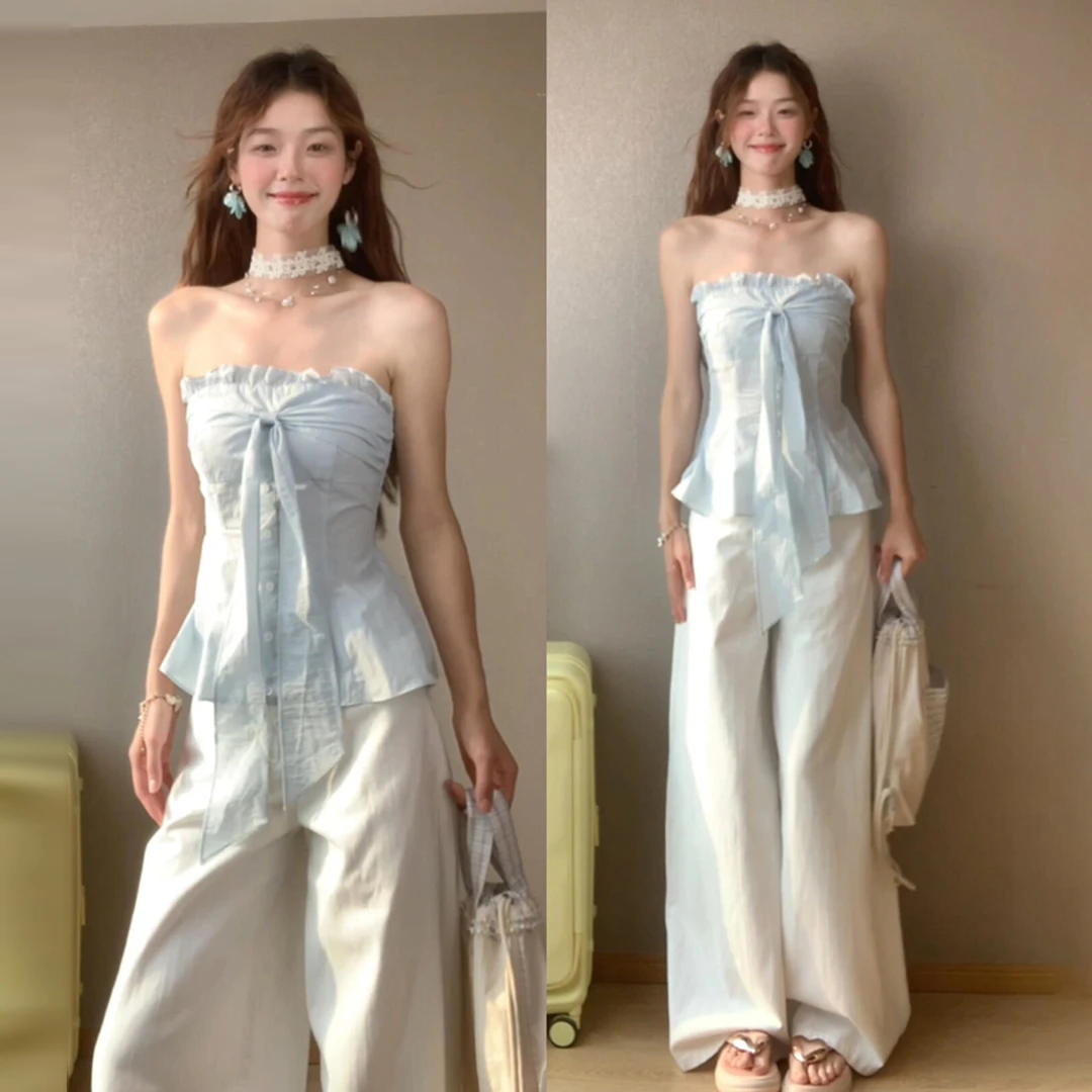 2025新款纯欲辣妹蓝色抹胸背心女夏季外穿韩系穿搭掐腰无袖上衣短