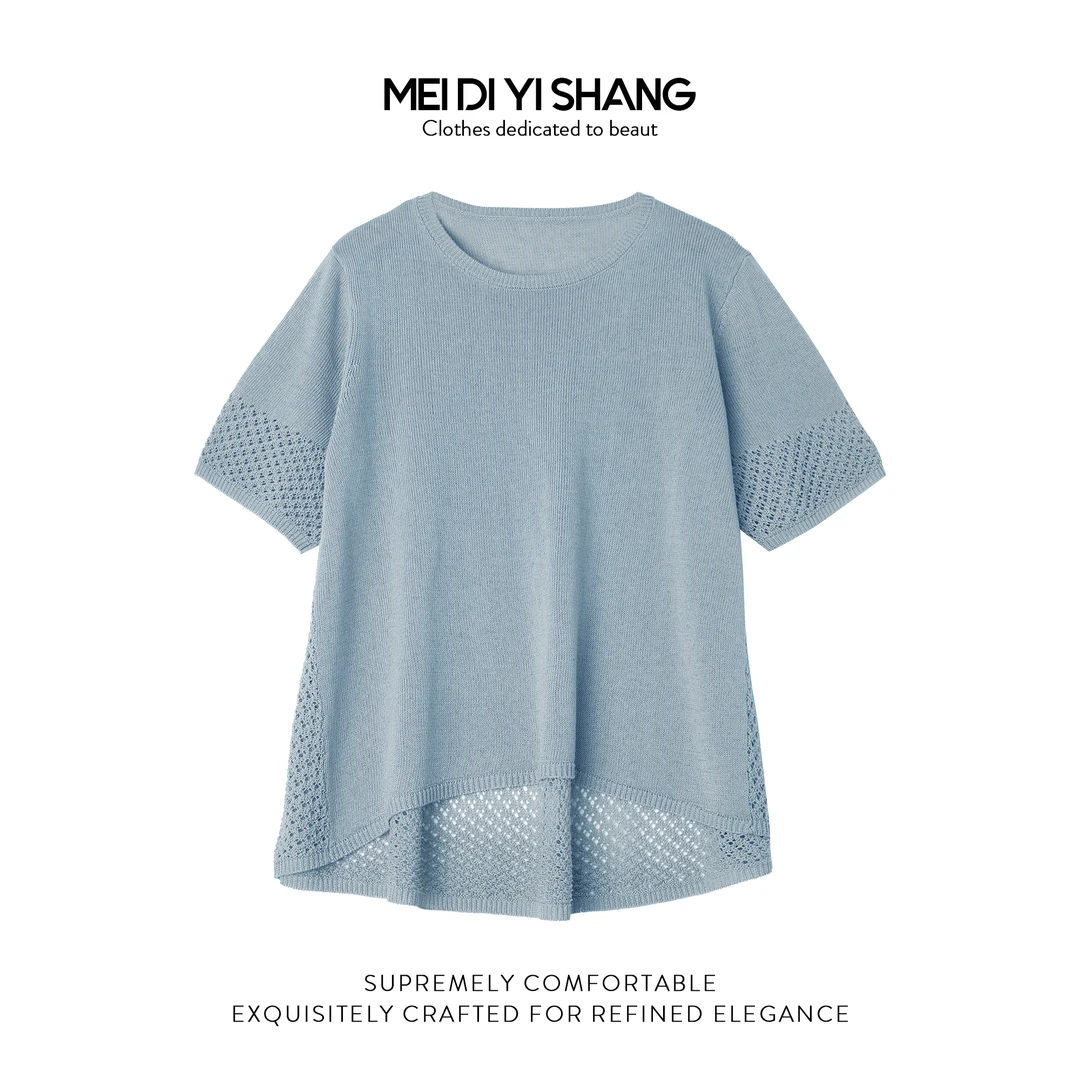 MDYS夏季新品天丝亚麻圆领短袖纯色薄款透气百搭镂空针织衫F051