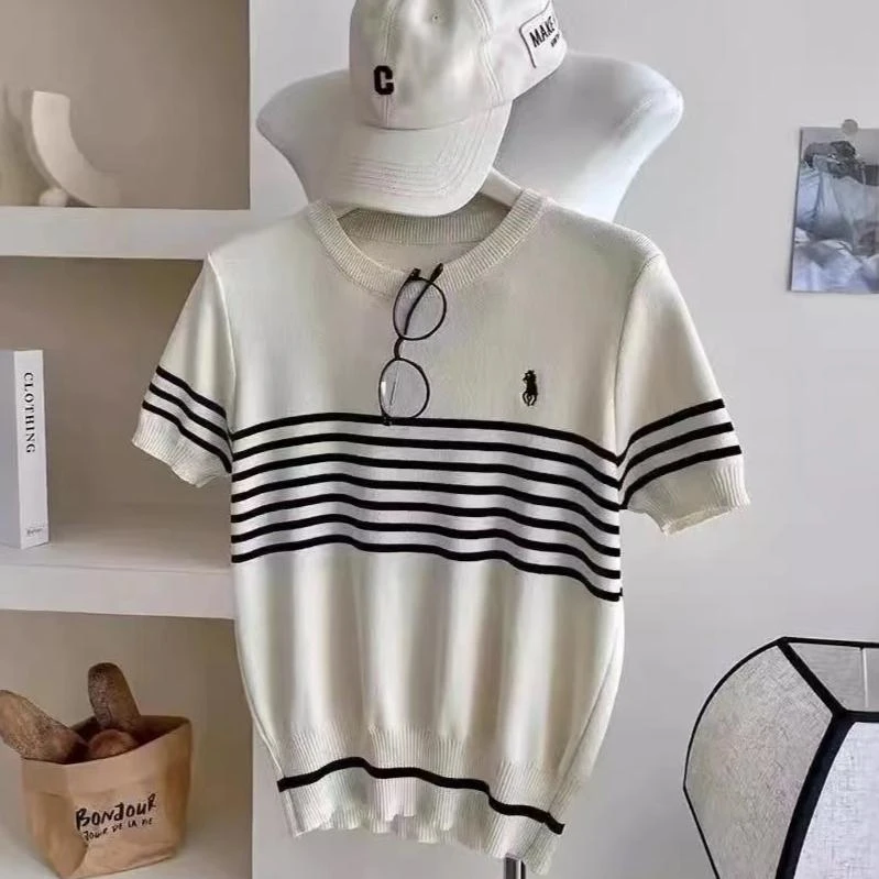 【老钱风穿搭】刺绣针织衫春夏新款条纹经典衫百搭上衣薄款品质女