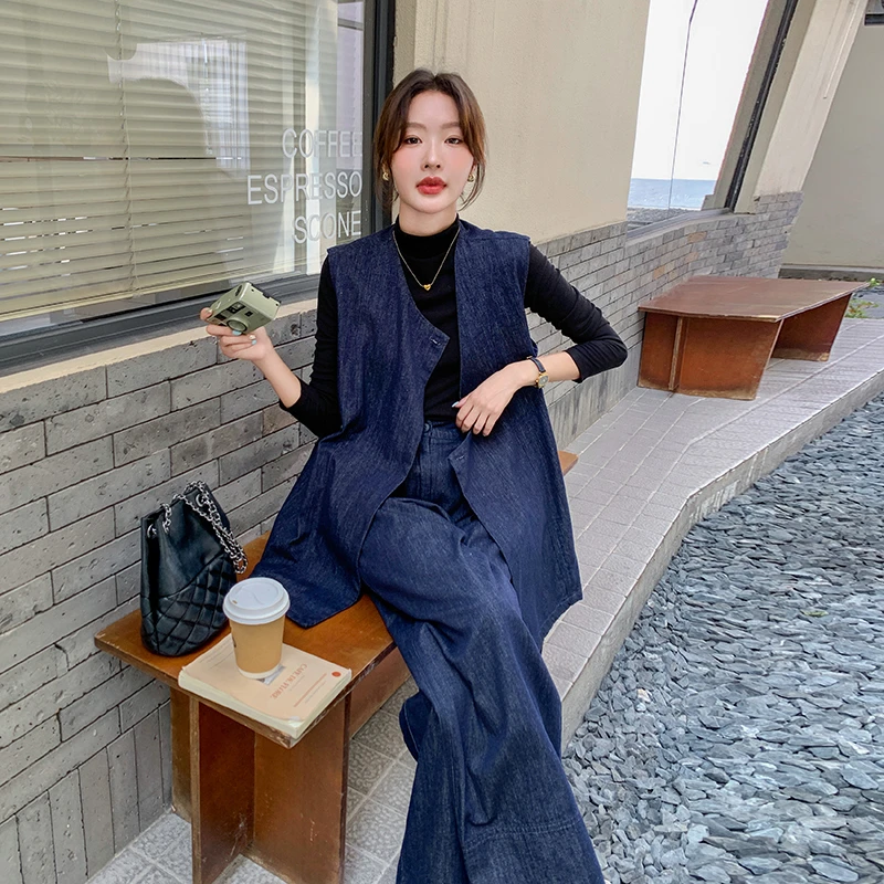 时尚套装阔腿裤法式老钱风百搭无袖田园风休闲风气质显瘦牛仔网红