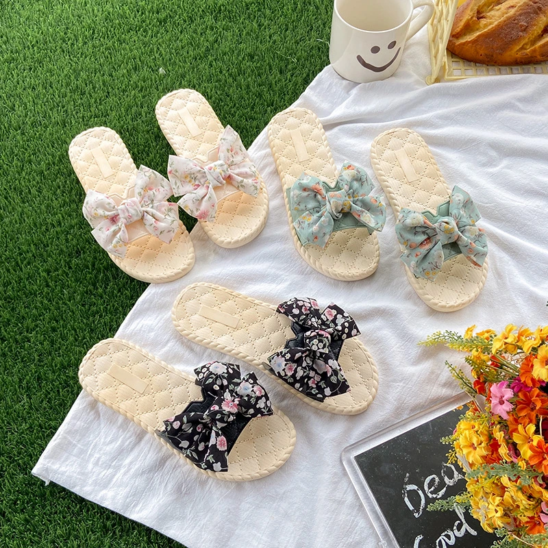 夏季新款拖鞋女时尚甜美蝴蝶结一字拖居家外出舒适防滑海边凉拖鞋