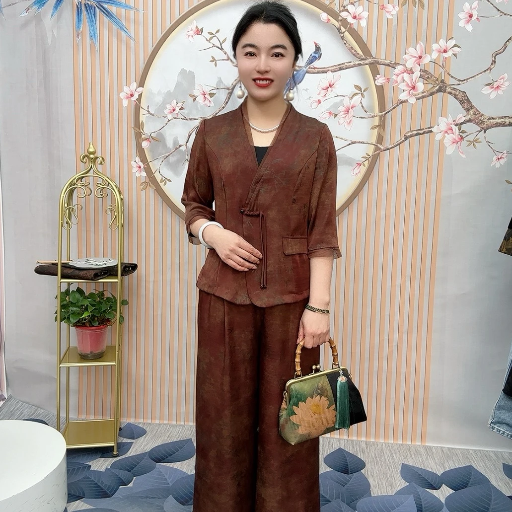 107 步摇盘扣水墨晕染上衣裤套装（两穿）