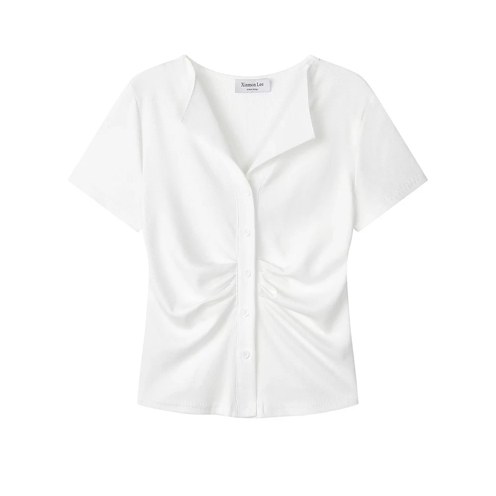 短袖短款纯色法式两穿短袖T恤抽绳法式翻领修身显瘦