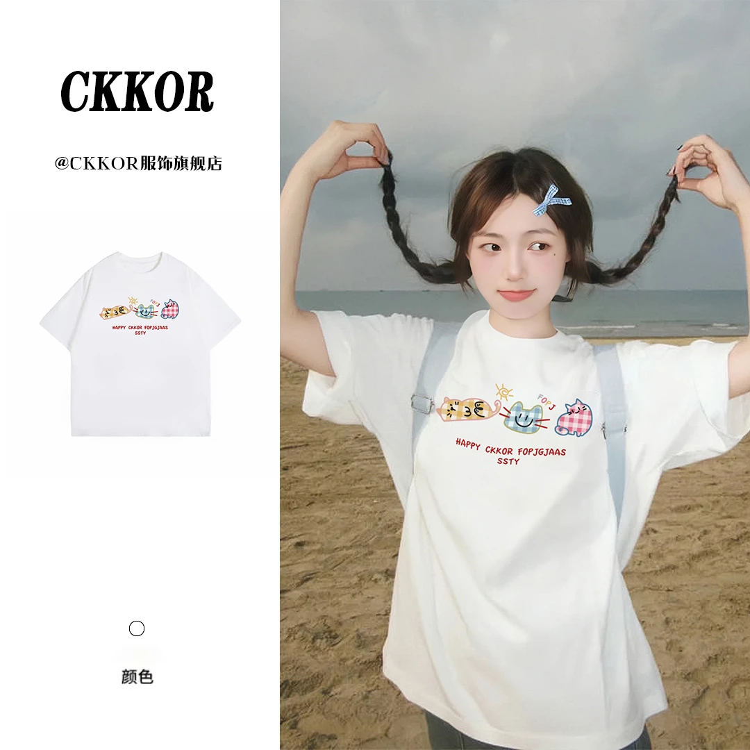 CKKOR春秋新款纯棉时尚短袖t恤女可爱印花百搭宽松小众休闲上衣女