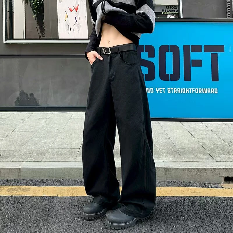 秋季潮流拖地拼接褶皱休闲宽松弯刀裤显瘦百搭高街复古弯刀牛仔裤