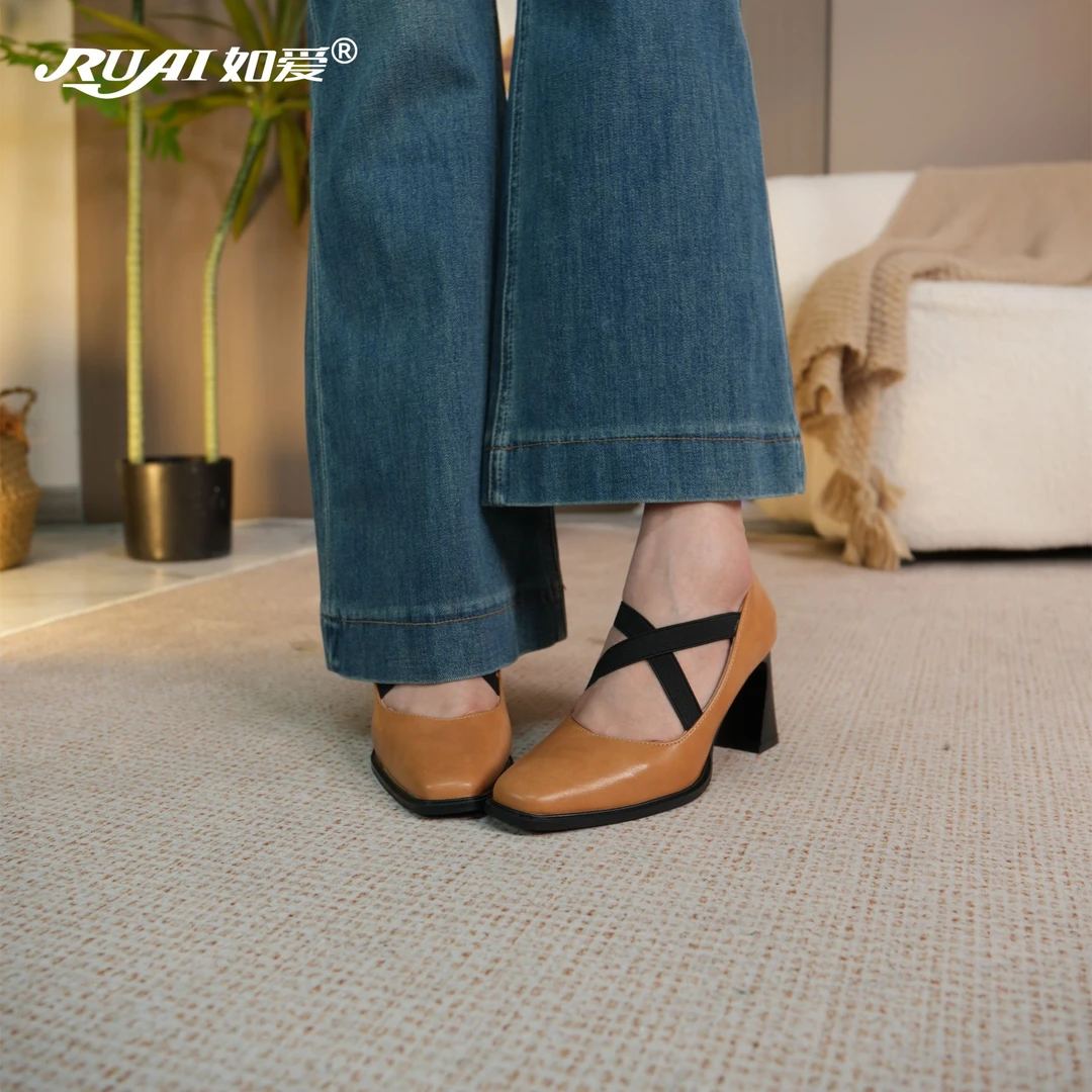 ruai/如爱【爱意惊鸿】4/7cm可选跟高小香风复古头层牛皮轻奢粗跟