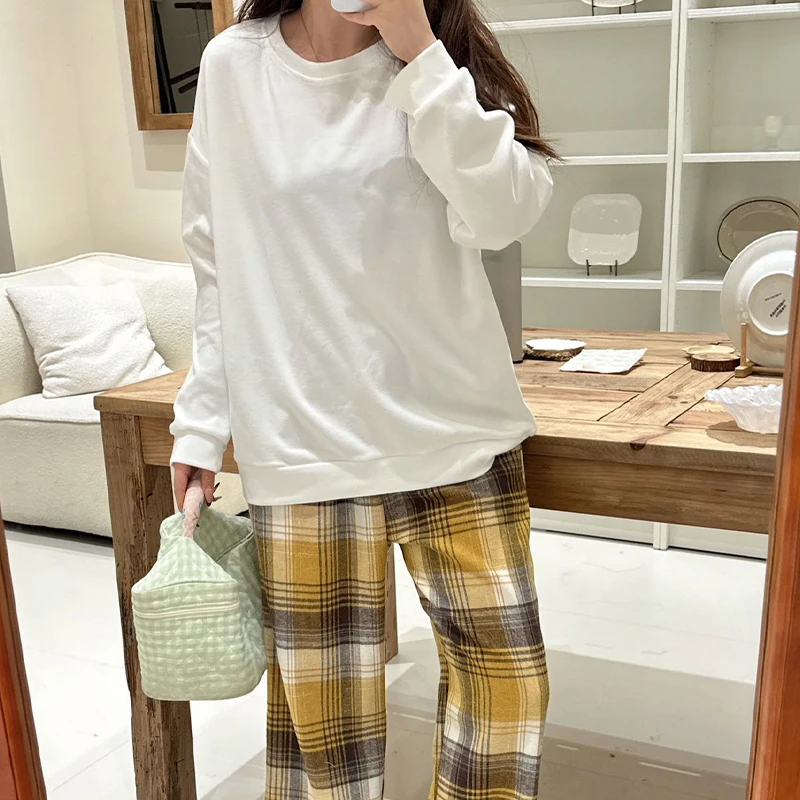 早春装韩版简约宽松大码格子风长袖套装家居服女睡衣可外穿棉睡衣