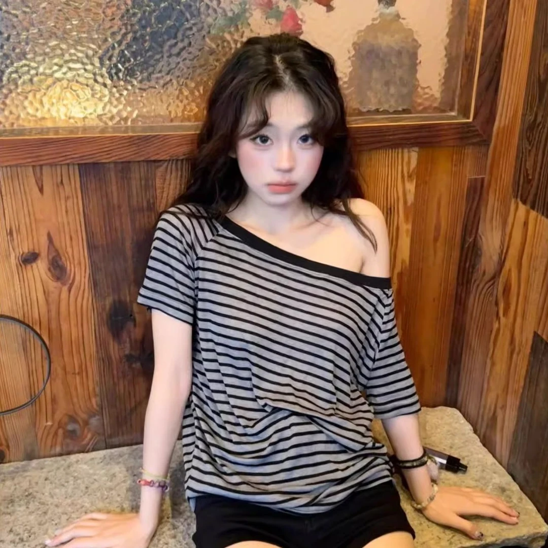 韩系条纹一字肩短袖T恤女夏季2025新款慵懒宽松显瘦百搭气质上衣