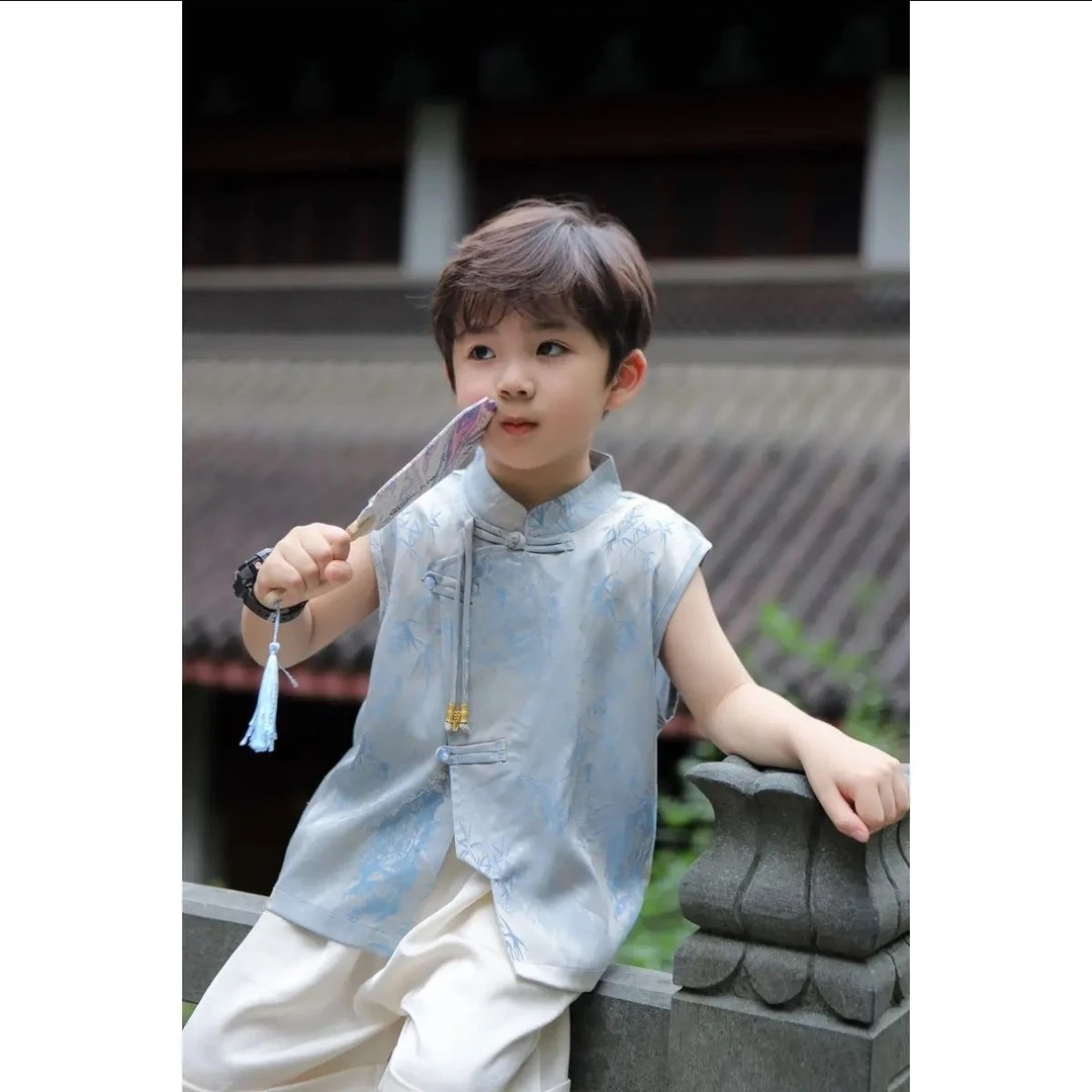 男童夏装宝宝儿童夏季国风套装新款汉服衬衫两件套无袖背心潮 FY