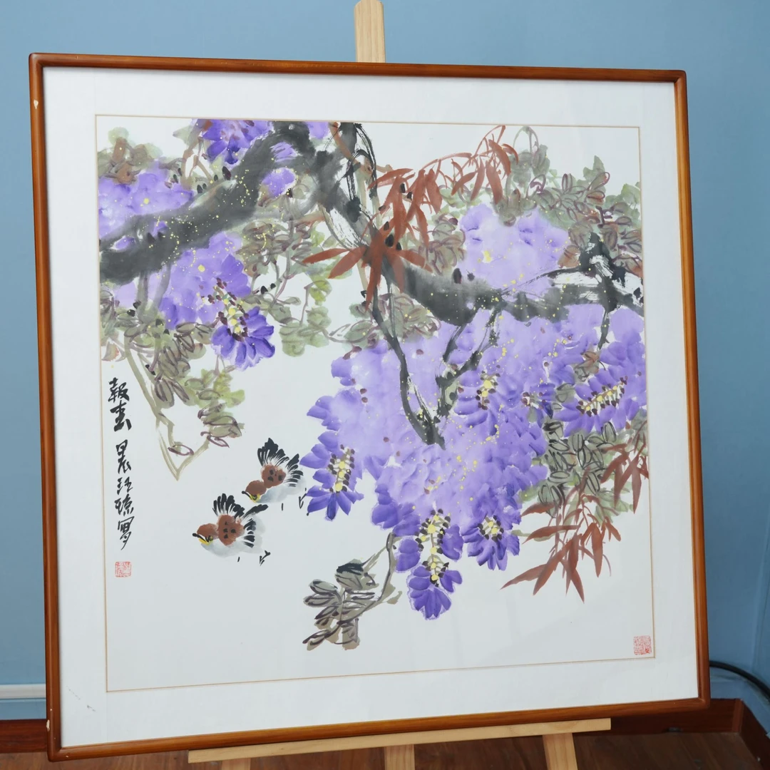 汪琼作品《报春/紫气东来》纯手绘装裱完成发货83*83厘米