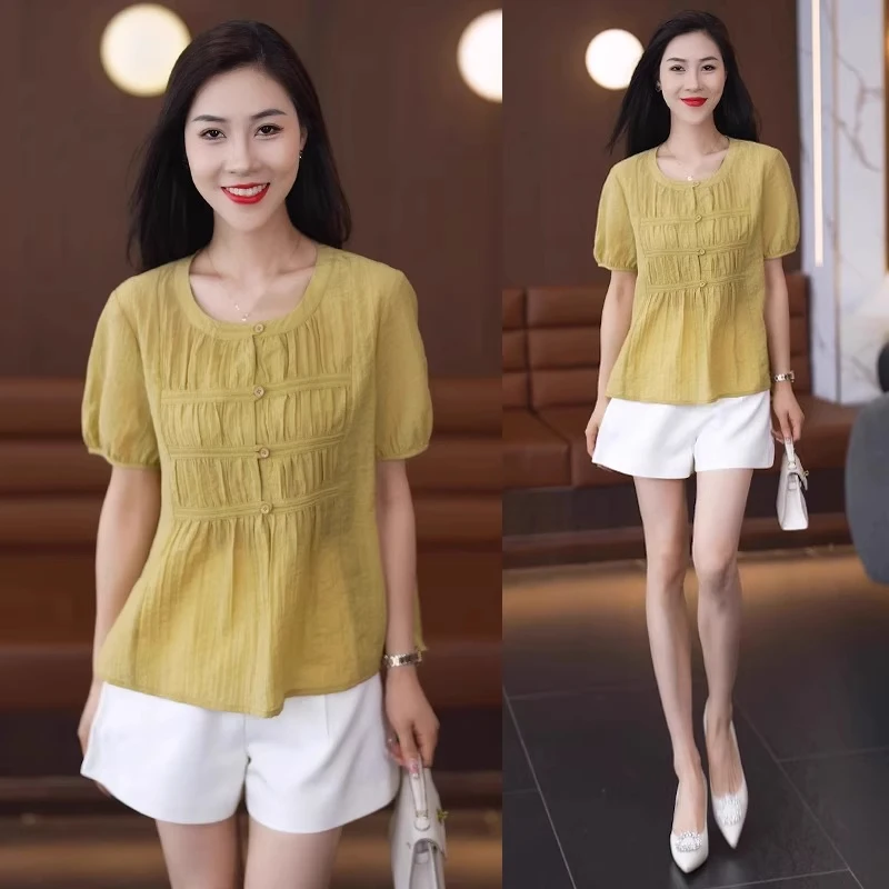短袖雪纺衫女2025夏新款时尚遮肚子显瘦宽松上衣洋气减龄圆领小衫