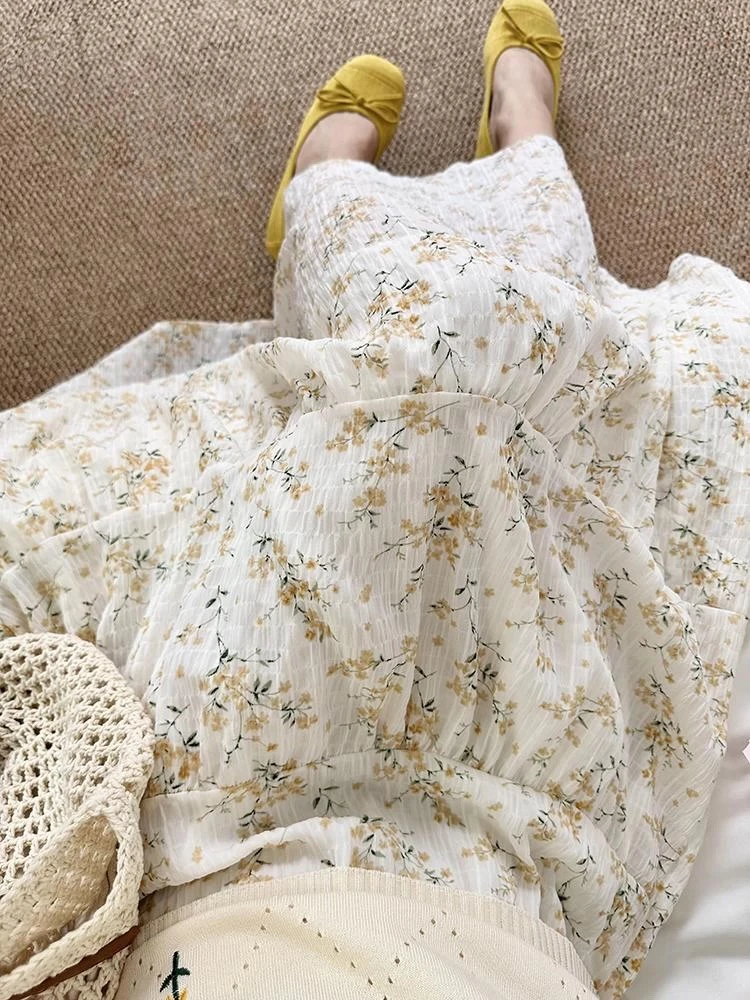 超好看！田园休闲黄色小清新碎花裙