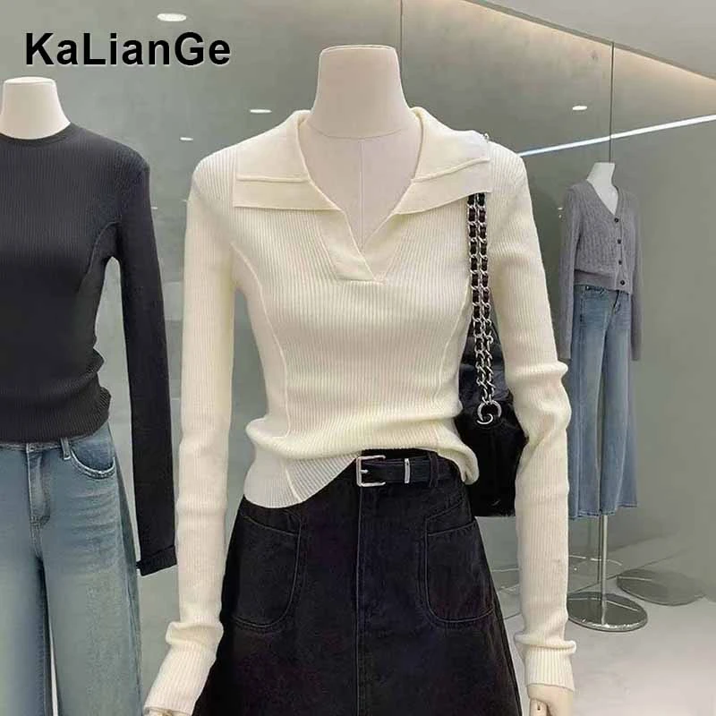 卡莲格/高级感polo领鱼骨针织衫女秋季翻领修身显瘦内搭长袖上衣
