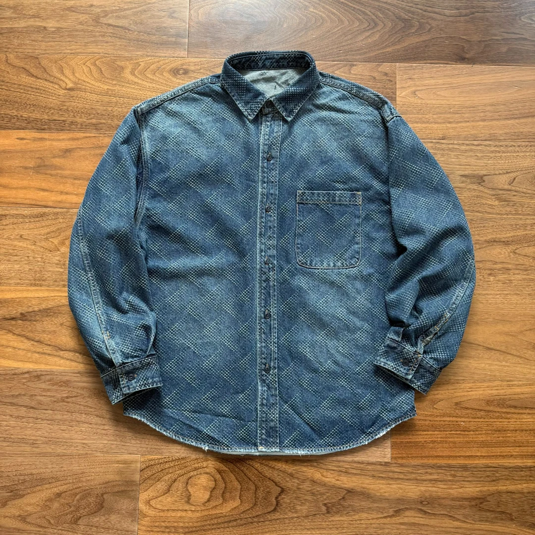 25SS 春季 日系 复古洗水菠萝纹牛仔衬衫