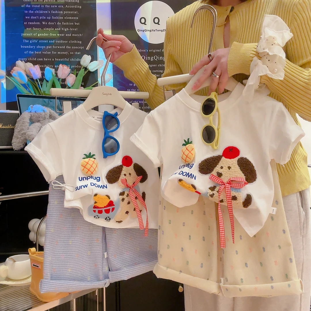 儿童夏季新款休闲卡通印花玩偶短袖格子裤套装女童洋气时尚短袖t