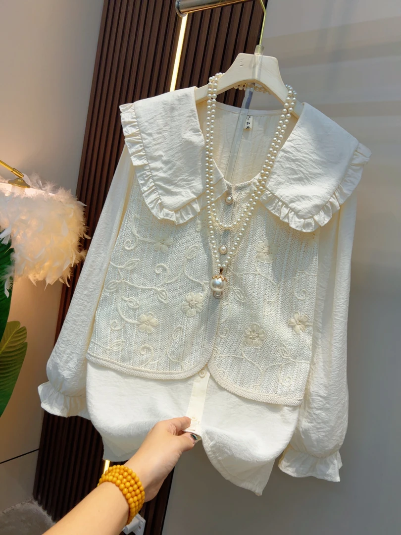 2025新款早春气质名媛风娃娃领假两件轻奢气质甜美61184