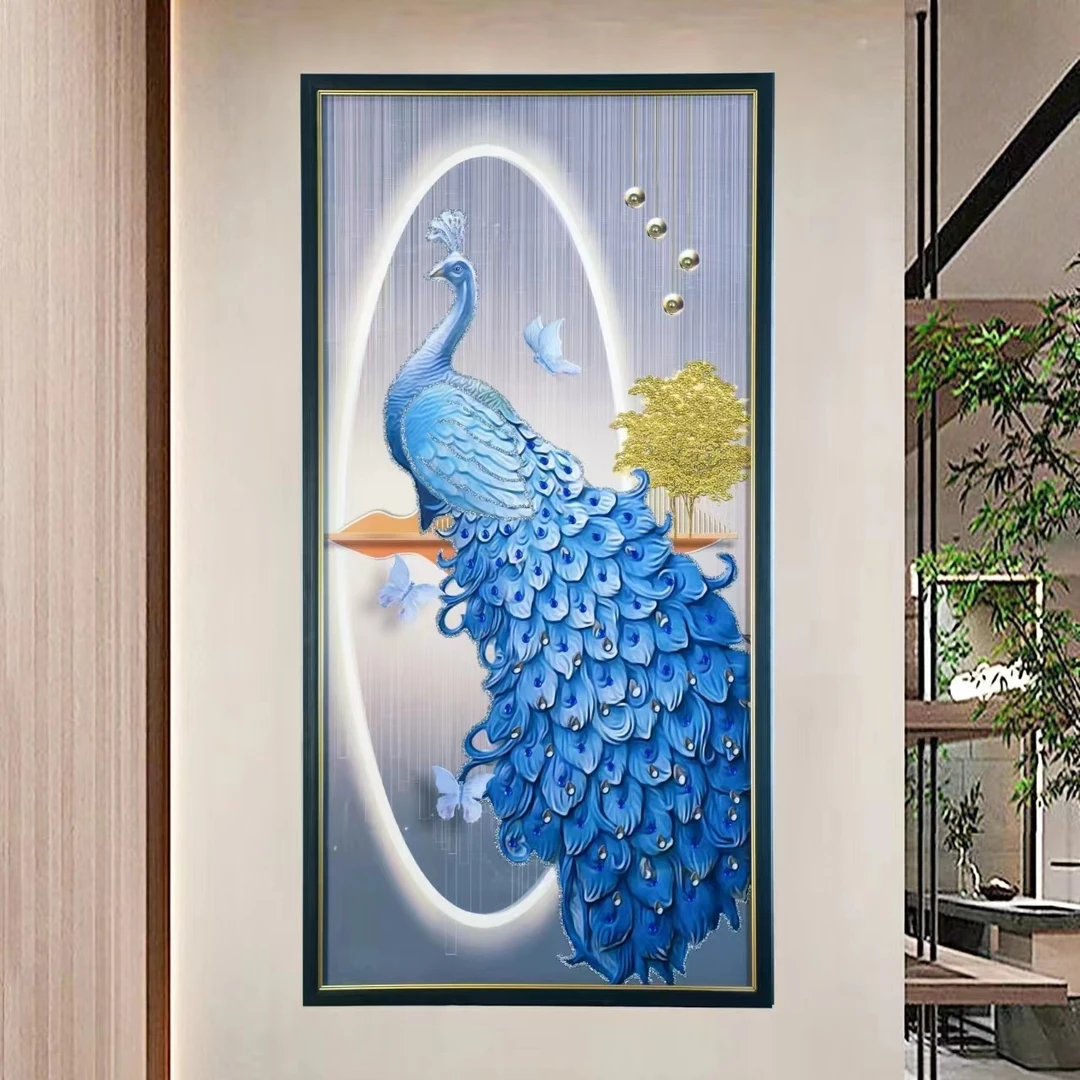 X57孔雀玄关装饰画竖版轻奢简约现代进门背景墙挂画入户走廊挂画