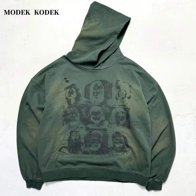 MODEK KODEK秋季新款男水洗做旧连帽卫衣高级感潮牌印花休闲上衣