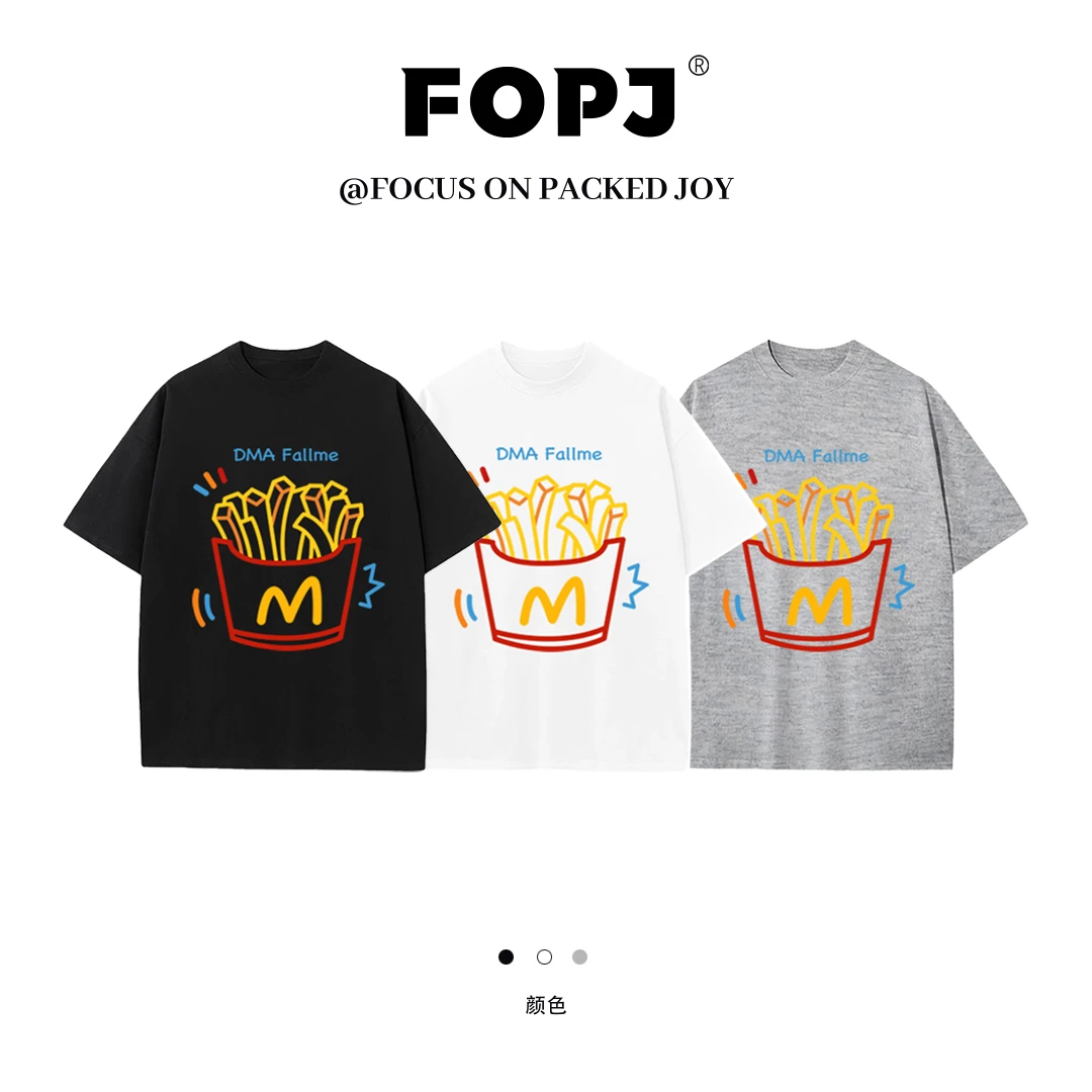 FOPJ夏季新款纯棉短袖t恤卡通薯条印花潮流百搭宽松显瘦圆领上衣