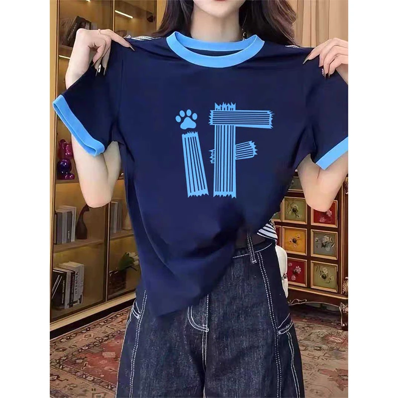 不撞款正肩拼色短袖t恤女ins时尚百搭洋气上衣打底衫2025夏季新款