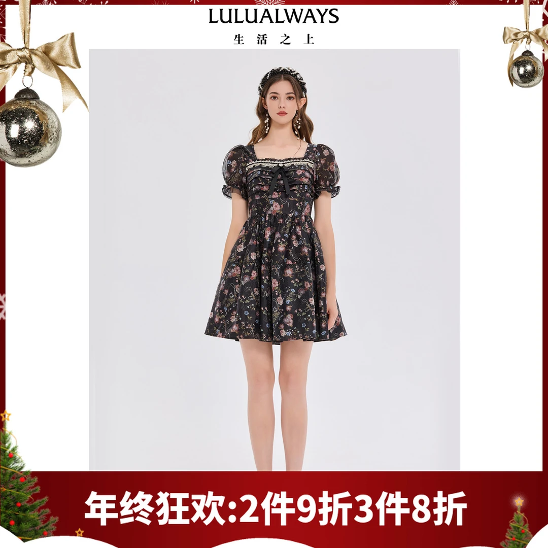 LULUALWAYS我爱露露25夏季新款法式复古甜美气质显瘦泡泡袖连衣裙