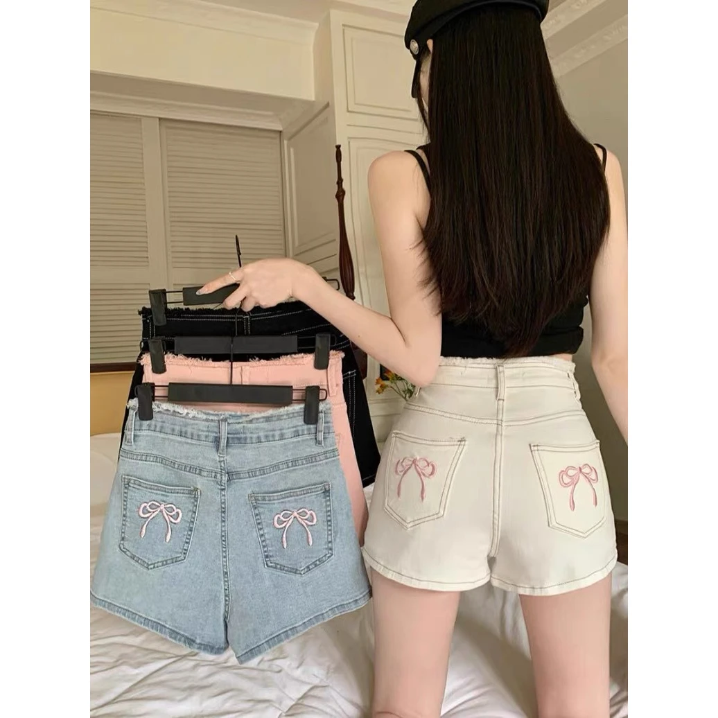 蝴蝶结刺绣牛仔裤女夏季毛边弹力修身高腰提臀减龄显瘦小个子短裤
