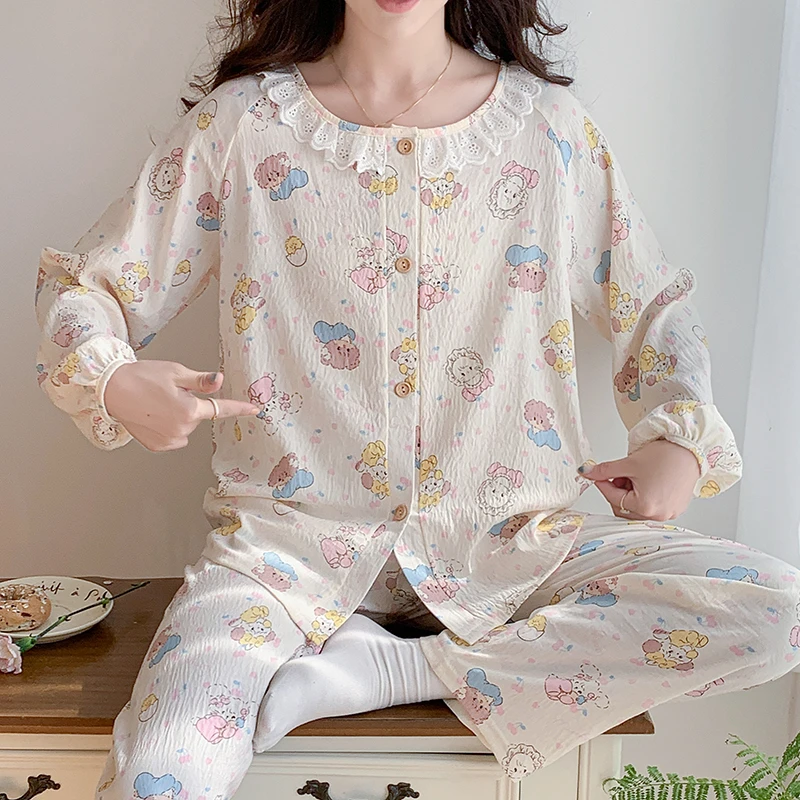睡衣女春秋季新款长袖套装可爱碎花简约蕾丝花边少女家居服3048