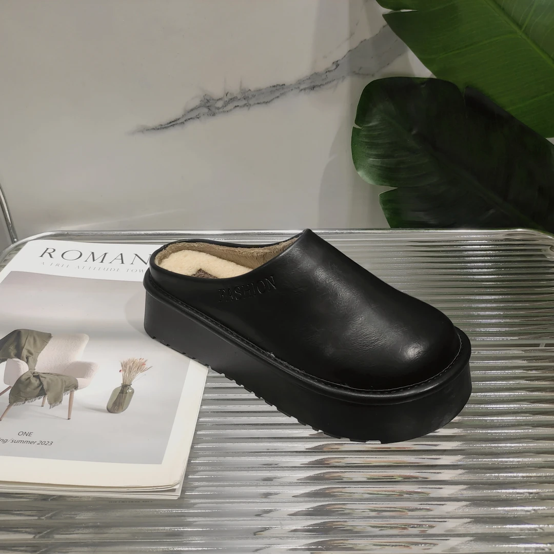 厚底时尚勃肯鞋外穿冬季新款一脚蹬加绒包头拖鞋1511