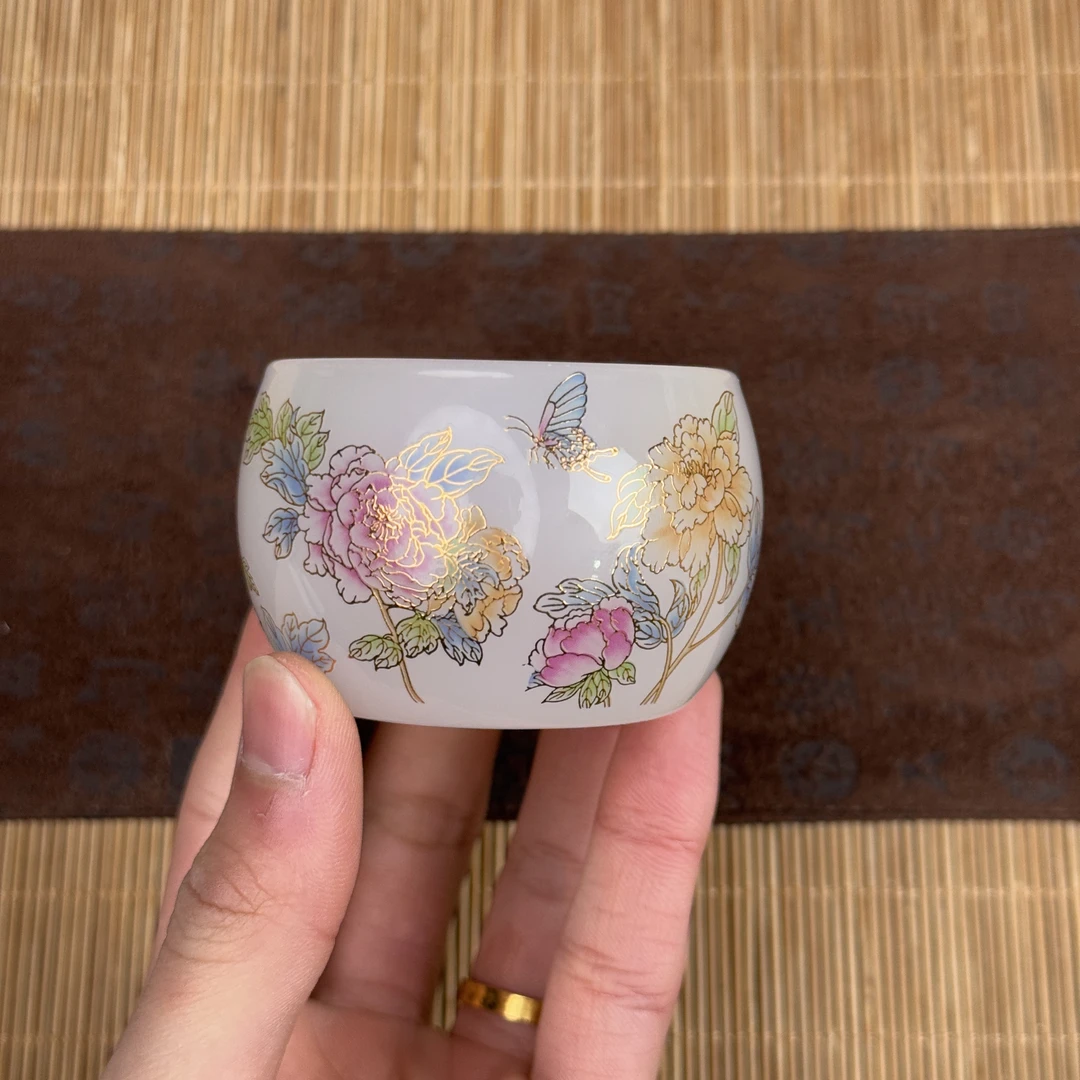 当代 白琉璃 蓝花变色牡丹杯 A195