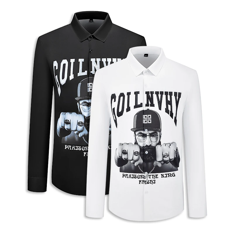 欧货印花烫钻男士衬衫高端潮流痞帅时尚修身休闲免烫抗皱长袖衬衣