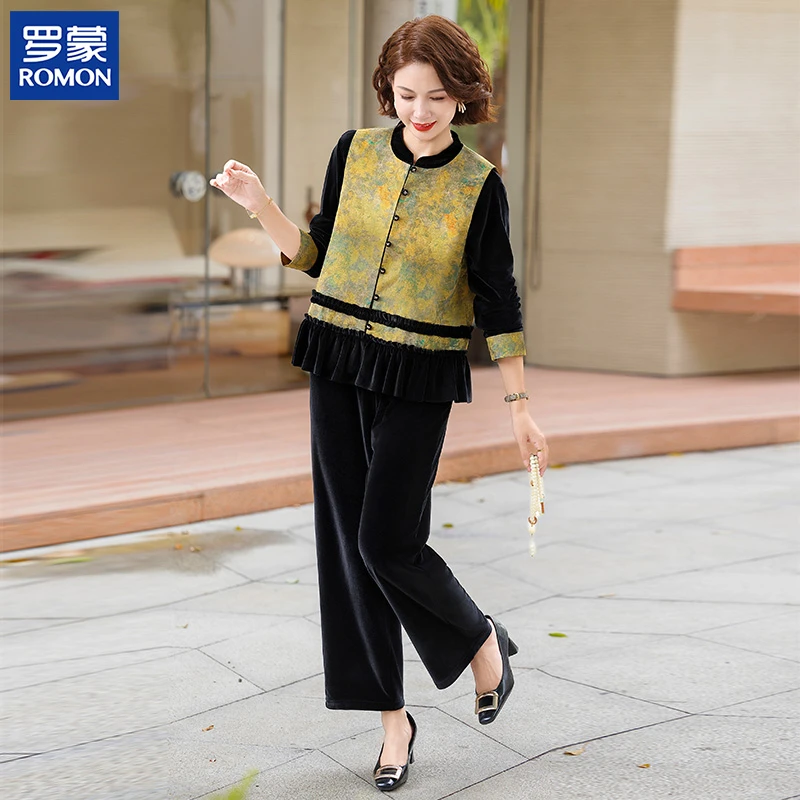 罗蒙品牌妈妈秋装金丝绒三件套时尚花色马夹外套中老年女国风套装