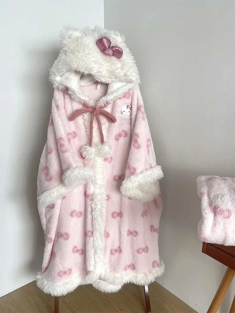 睡袍冬季加厚加绒连帽小个子斗篷保暖珊瑚绒家居服冬季睡衣两件套