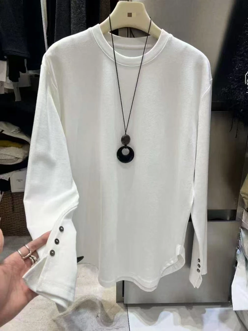 大白T恤磨毛长袖圆领简约秋季中长款百搭-6161