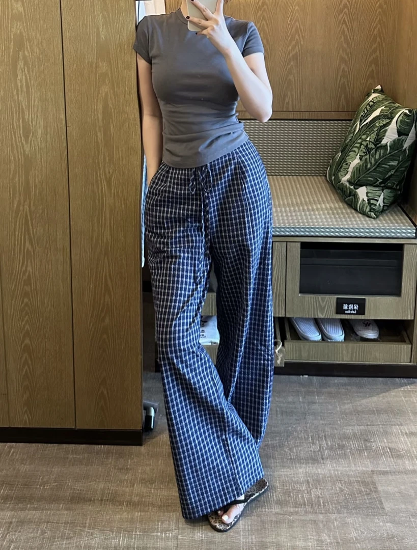 【纯棉百搭格子裤】女士夏季慵懒风舒适长腿宽松直筒格子长裤