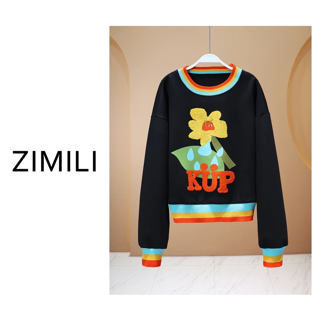 【LIANG哥女装】2025春季炭黑色印花时尚休闲刺绣圆领卫衣6036