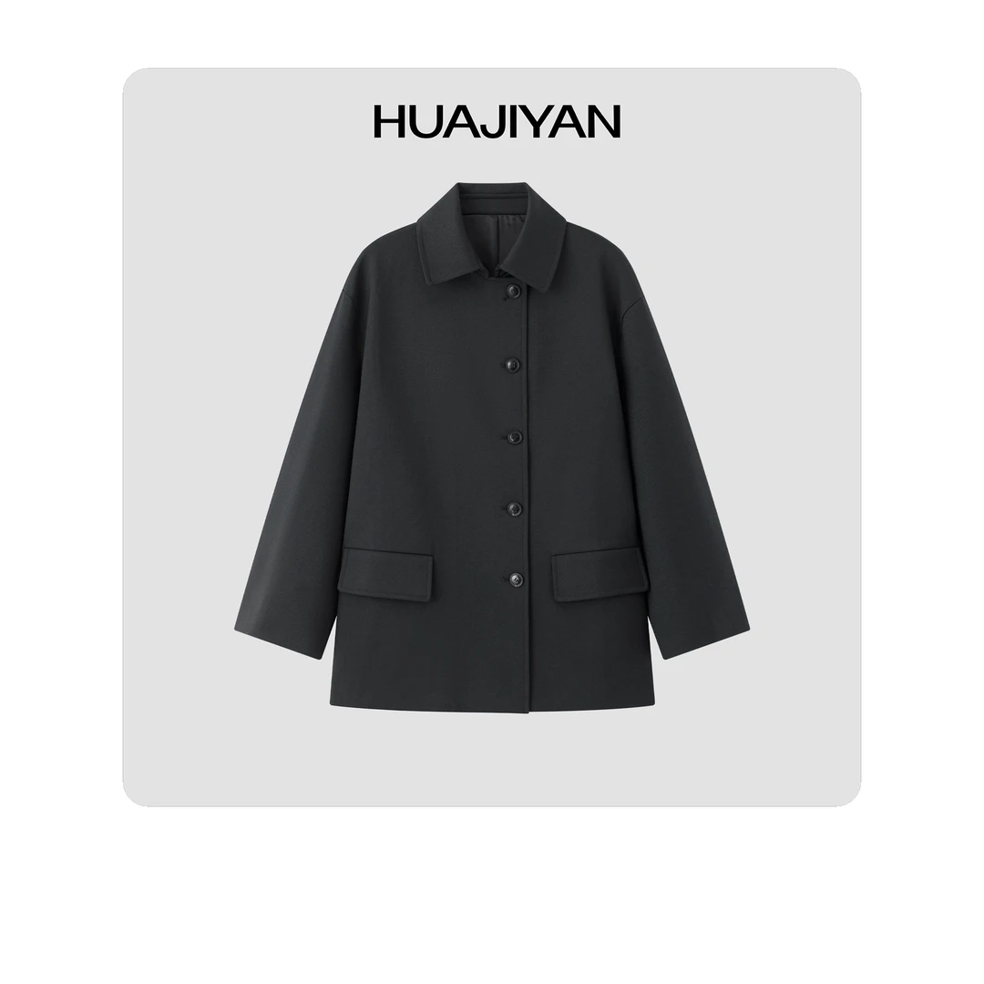 华吉言/HUAJIYAN【德鲁纳】羊毛混纺中长款微茧型外套大衣