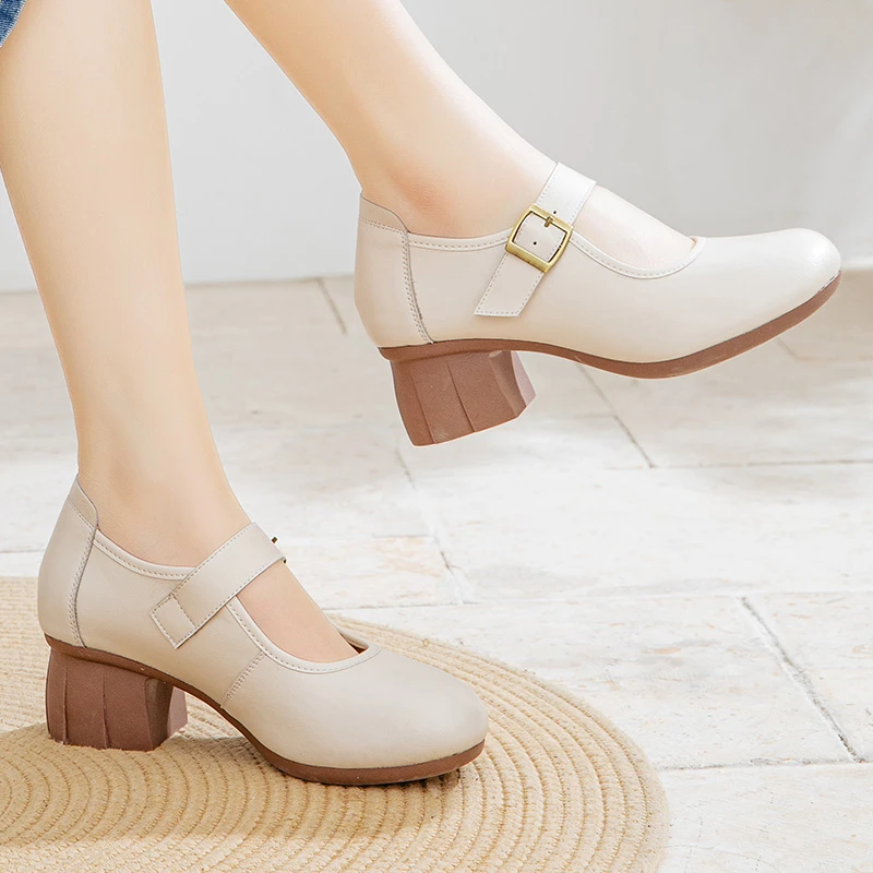 春季新款百搭真皮单鞋软底粗跟圆头玛丽珍女鞋复古白色鞋子25018