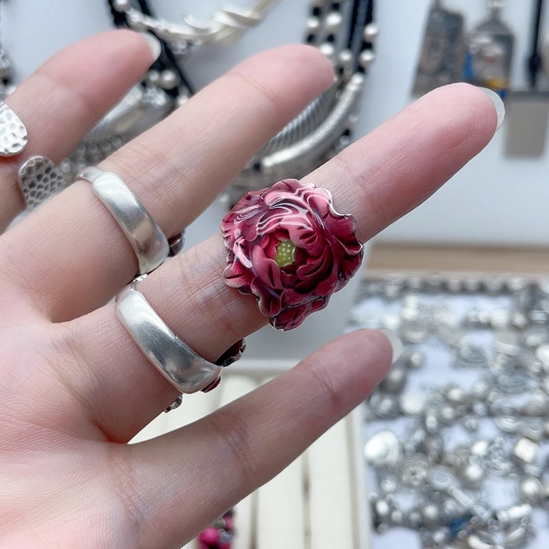 皮吊坠足银牡丹花红色足银戒指