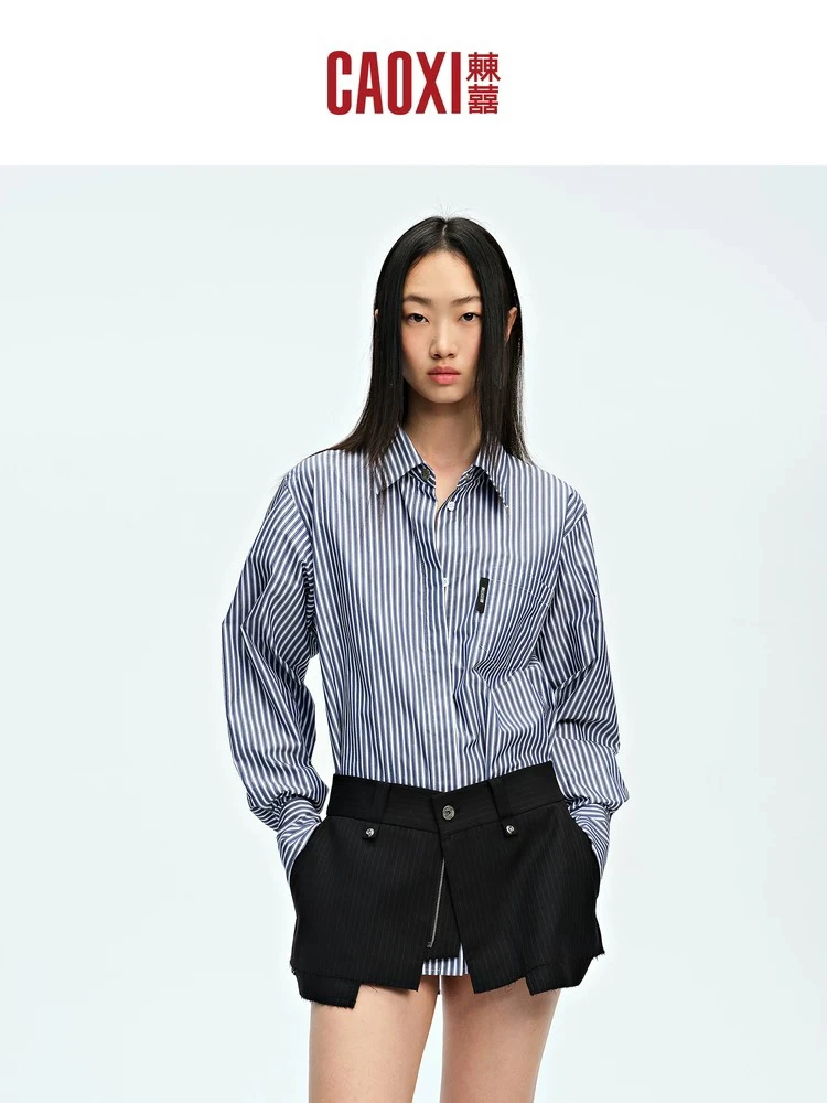 CAOXI翻领撞色细条纹长袖衬衫春季时尚女2025休闲衬衣外套上衣
