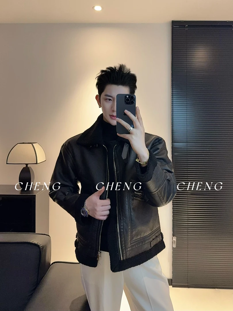 「程程的试衣间」高品质羊羔毛皮毛一体设计款时尚冬季男士百搭外套