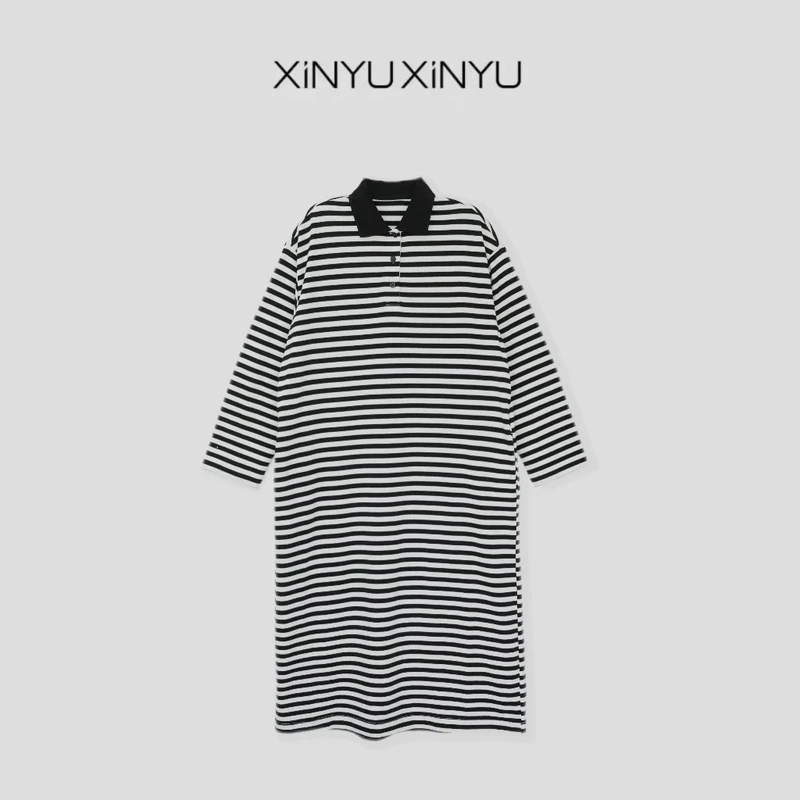 XINYU/芯与撞色POLO领复古横条纹休闲连衣裙 17009  时尚 休闲